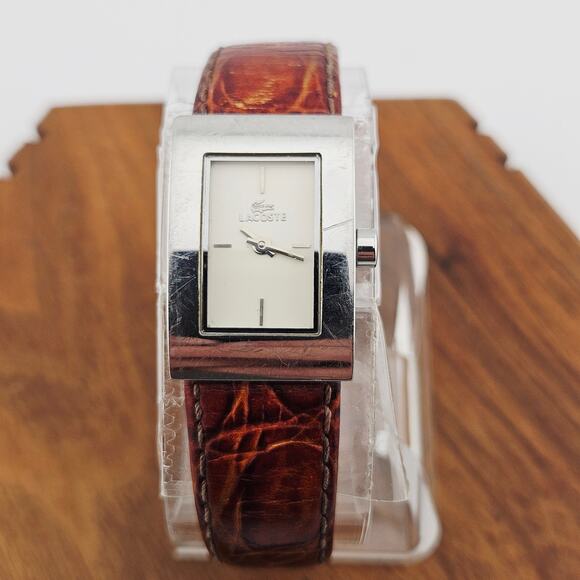 Lacoste Silver Tone Rectangle Dial Women's Watch Brown Leather Band Minimalist - Picture 1 of 8